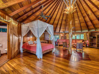 A round room with a wooden ceiling and floor features a canopy bed, cozy seating area, ceiling fan, tree trunk decor, and a bathroom entrance. Natural light streams through the windows.
