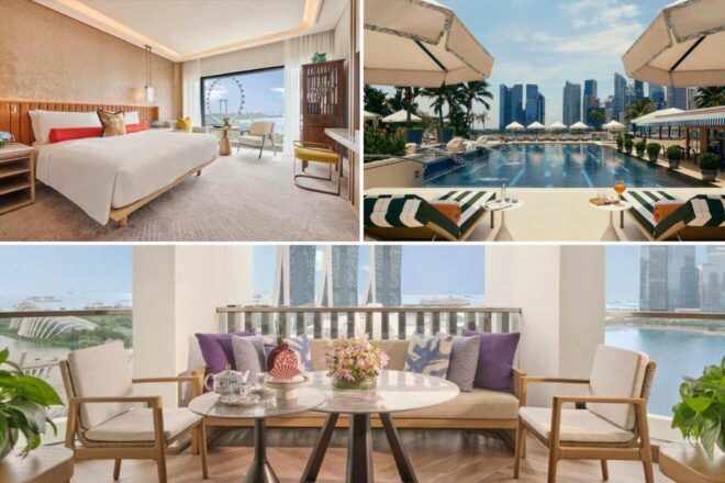 A collage of three hotel photos: a luxurious bedroom with a view of the city skyline, a serene poolside area with striped loungers, and a cozy seating area with a beautiful cityscape view.