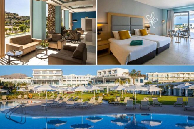 A collage of three hotel photos to stay in Rhodes: a stylish hotel lobby with comfortable seating, a modern bedroom with twin beds, and an extensive pool area with sun loungers and umbrellas