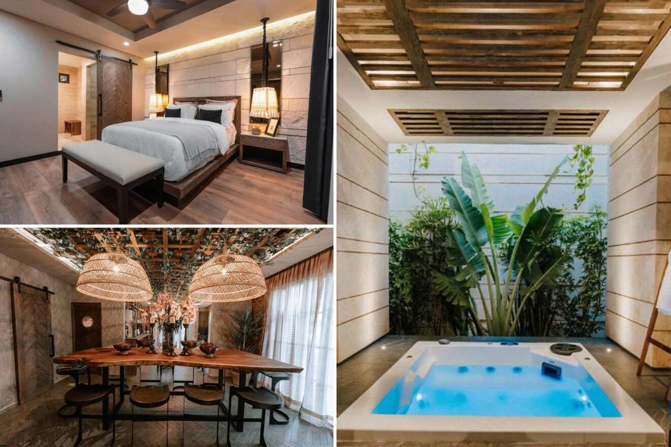 A collage of three boutique hotel photos to stay in Mexico City: a minimalistic bedroom with a brick wall, an outdoor hot tub surrounded by plants, and an indoor seating area with bar stools