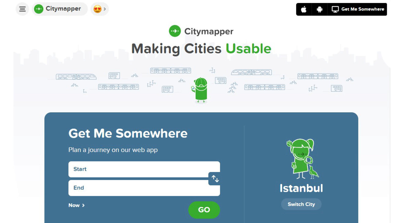 Citymapper journey planning web page showing input fields for start and end locations, a 'Go' button, and an option to switch city to Istanbul. Icons for app download are displayed at the top.