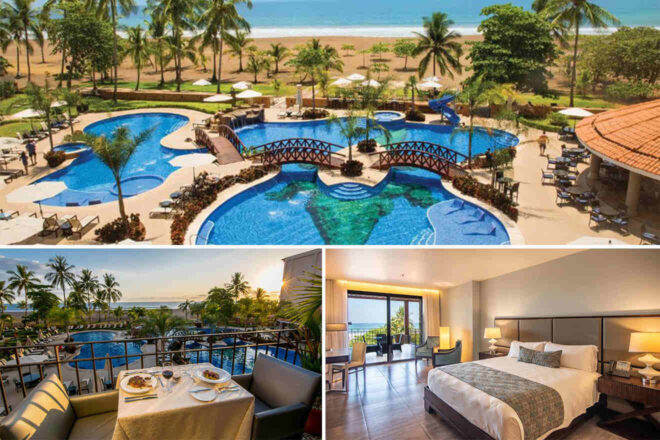 A collage of three hotel photos to stay in Jaco: A luxurious resort with multiple pools surrounded by palm trees and beachfront views, a cozy dining setup on a balcony overlooking the pool and ocean, and a modern bedroom with a sea view from the balcony.