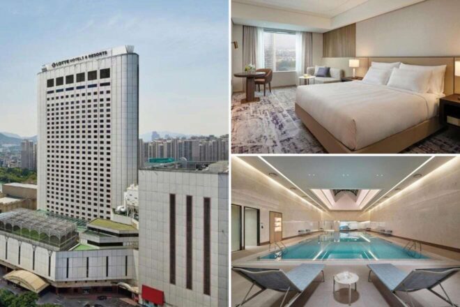 A collage of three hotel photos: the hotel's towering structure dominating the cityscape, a contemporary bedroom with neutral tones, and an inviting indoor pool area with lounge chairs and soft lighting. ​