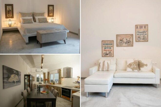 A collage of three hotel photos to stay in Naxos: a spacious bedroom with a cushioned bench, a modern dining area with a view, and a cozy living room with inspirational wall art.