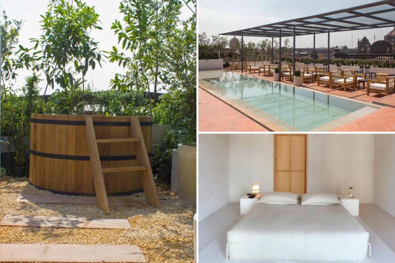 A collage of three boutique hotel photos to stay in Mexico City: outdoor wooden jacuzzi, rooftop pool with lounge chairs next to it, and a minimalistic bedroom