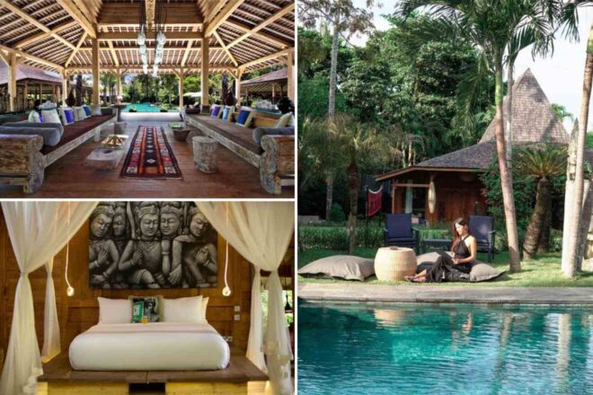 A collage of three hotel photos: an open-air lounge area with rustic wooden furniture and colorful cushions, a serene garden with a traditional hut and lush greenery, and a tranquil bedroom with a canopy bed and a Buddha artwork.