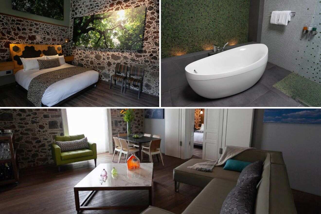 A collage of three boutique hotel photos to stay in Mexico City: a hotel room with exposed stone walls, bathroom with an oval freestanding bathtub and a licing room with stone walls