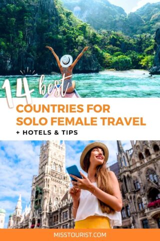  A graphic titled "14 best countries for solo female travel + hotels & tips" showing a woman in a striped swimsuit and hat facing away, arms raised, on a boat in a tropical location, and another woman holding a phone with a historic European building in the background.