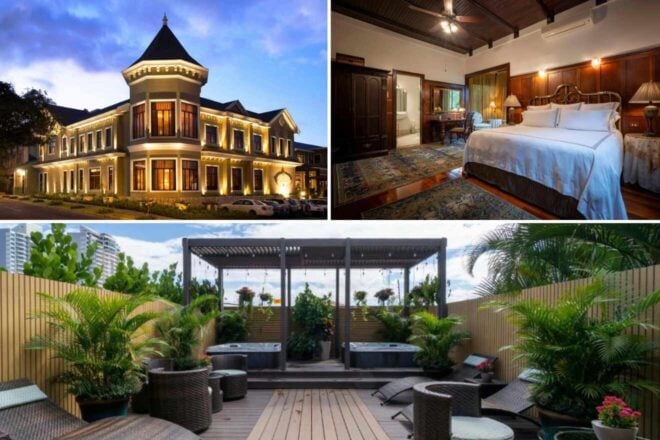 A Victorian-style hotel exterior at dusk, an elegant bedroom with wooden decor, and an outdoor deck with lounge chairs and jacuzzis surrounded by plants.