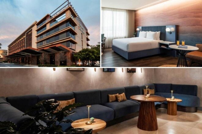 Collage of Hyatt Centric San José Escazú in Costa Rica: the illuminated modern exterior at dusk, a guest room with a navy upholstered headboard and textured wall panelling, and a lounge with a long blue velvet banquette and round wooden tables.