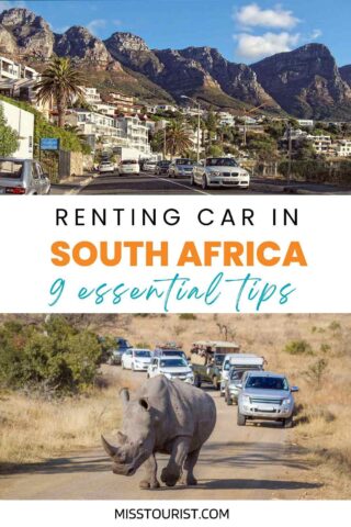 A scenic view of a coastal road in South Africa with cars driving along, lined with palm trees and houses, with a backdrop of rugged mountains. Text overlay reads 'Renting Car in South Africa: 9 essential tips' and 'misstourist.com'