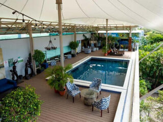 Rooftop pool area with patterned chairs, tables, potted plants, and sculptures under a large canopy, surrounded by greenery.