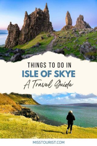 A travel guide titled "Things to Do in Isle of Skye" featuring images of rugged coastal rock formations and a person walking along a grassy shoreline with water and cliffs in the background.