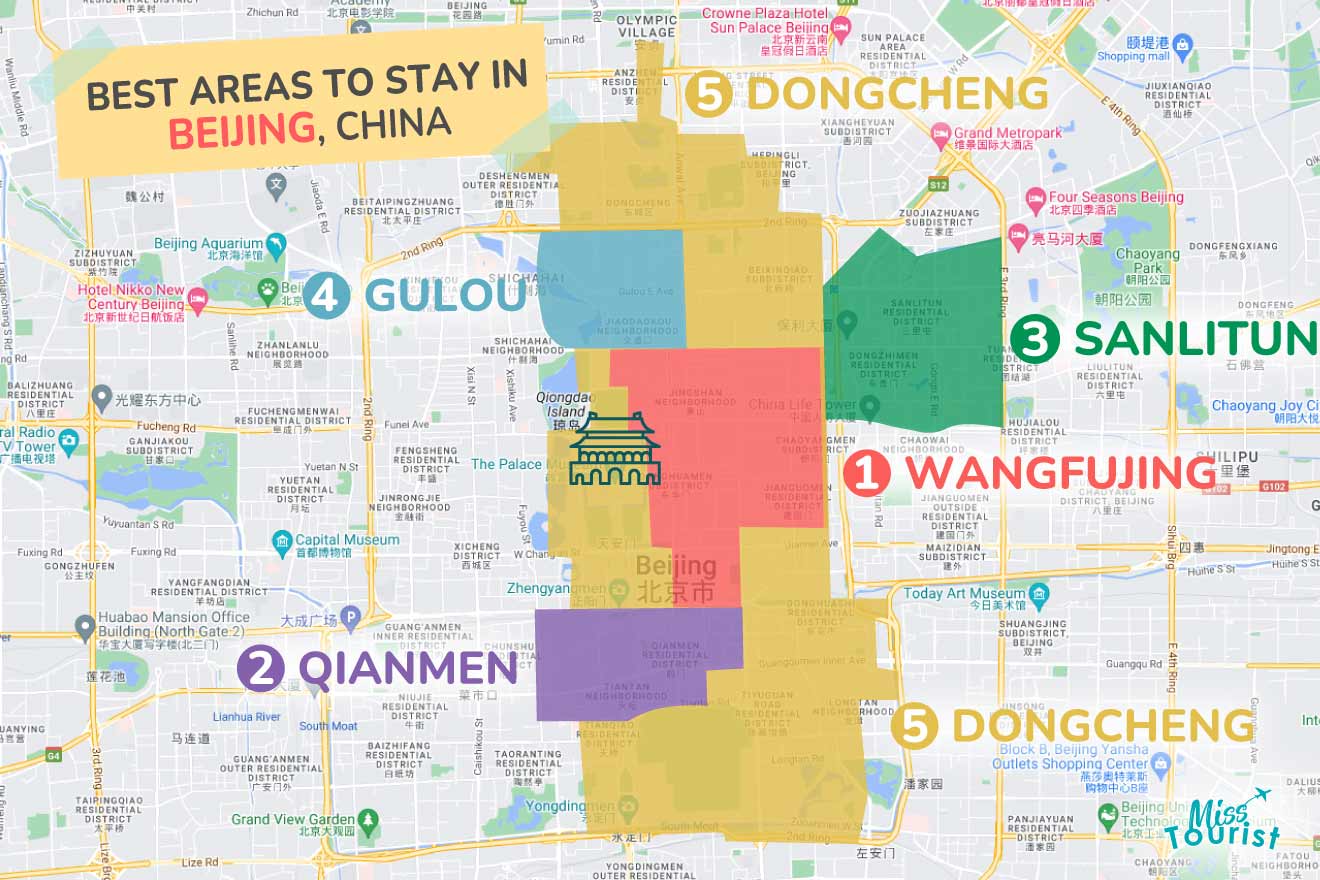 A colorful map highlighting the best areas to stay in Beijing with numbered locations and labels for easy navigation