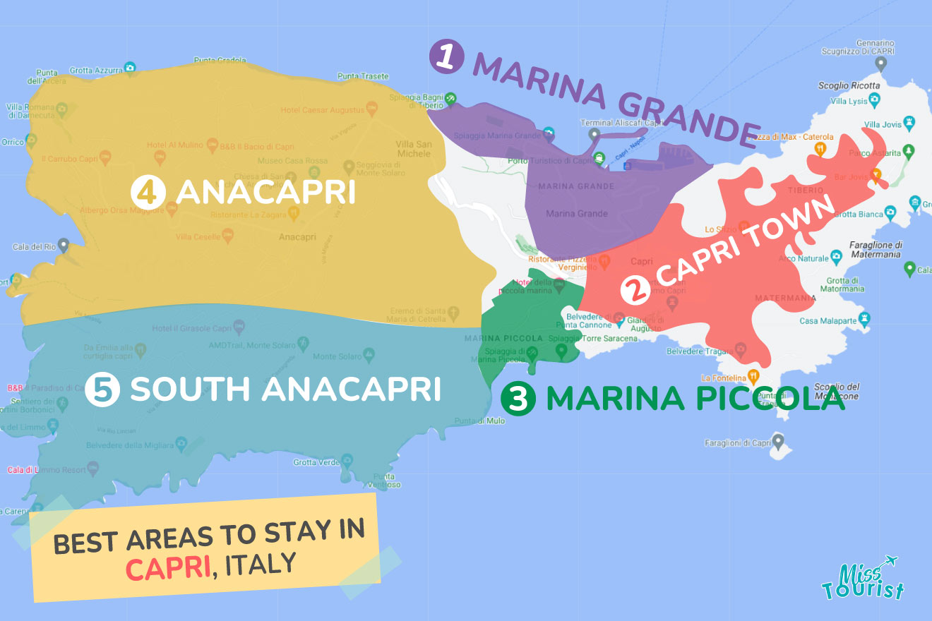 A colorful map highlighting the best areas to stay in Capri with numbered locations and labels for easy navigation