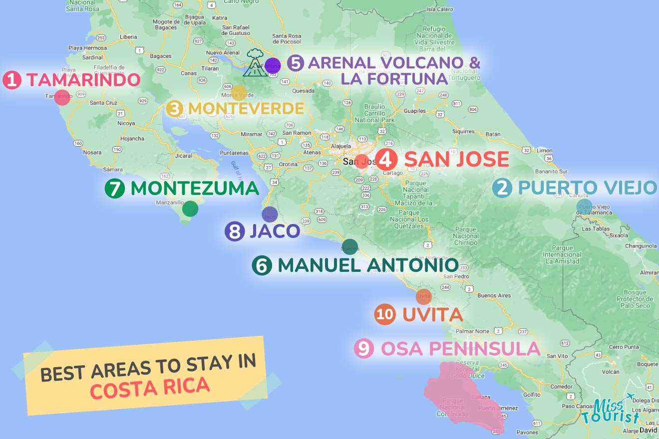 A colorful map highlighting the best areas to stay in Costa Rica with numbered locations and labels for easy navigation