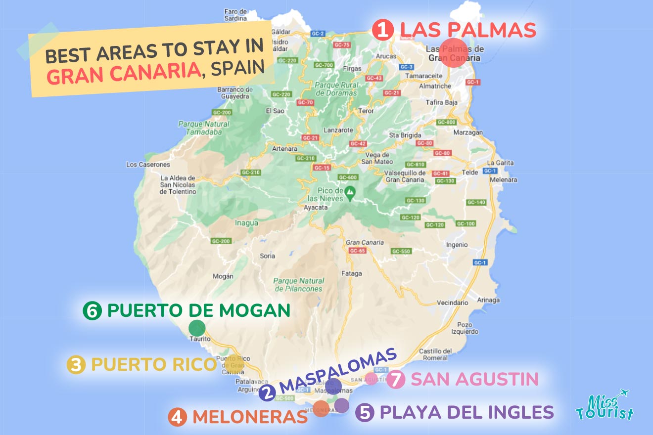 A colorful map highlighting the best areas to stay in Gran-Canaria with numbered locations and labels for easy navigation