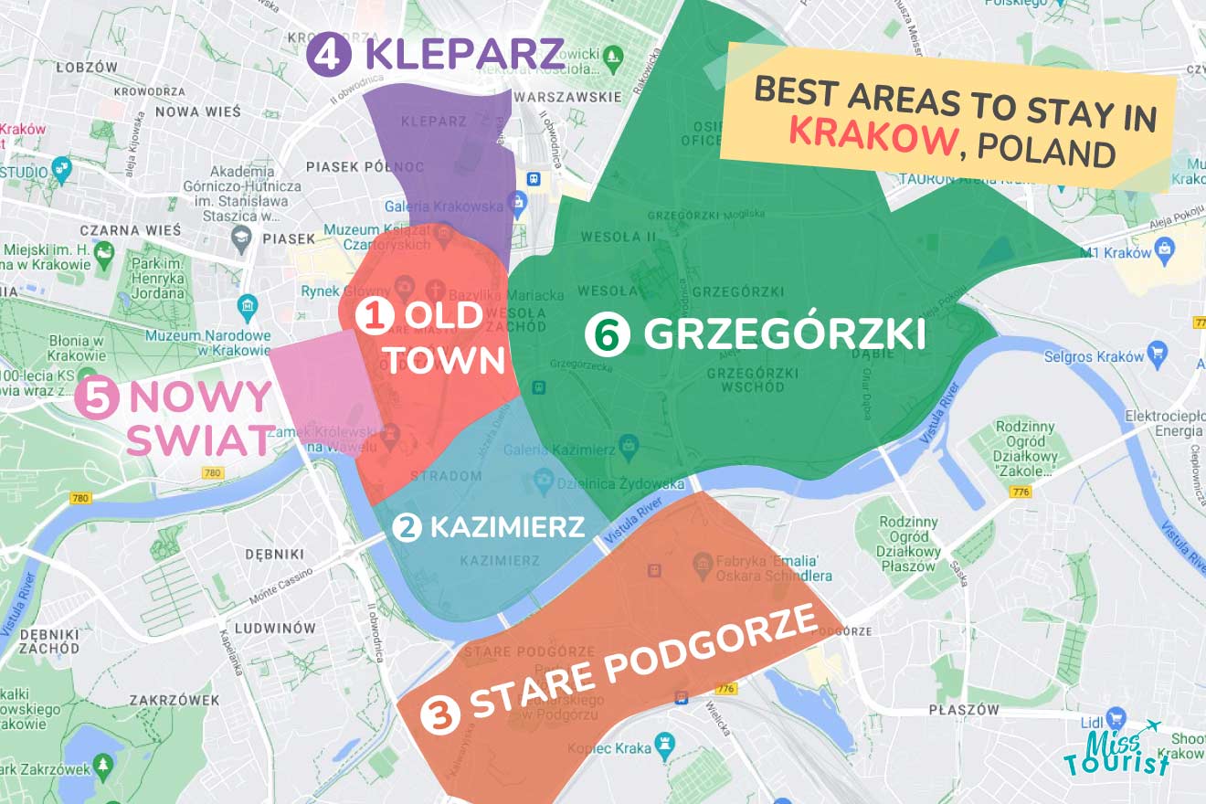 A colorful map highlighting the best areas to stay in Krakow with numbered locations and labels for easy navigation