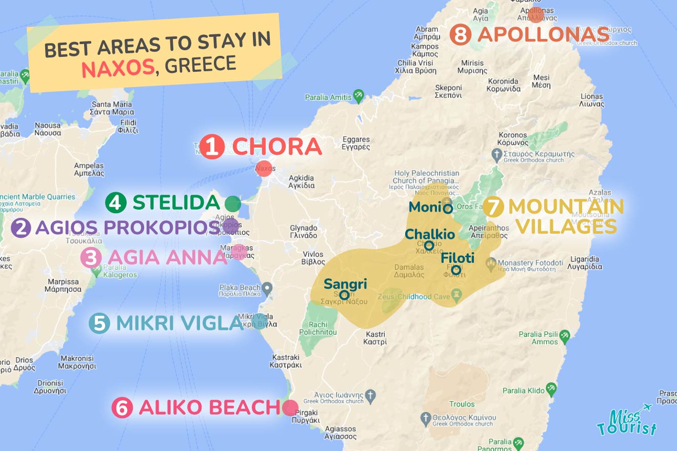 A colorful map highlighting the best areas to stay in Naxos with numbered locations and labels for easy navigation