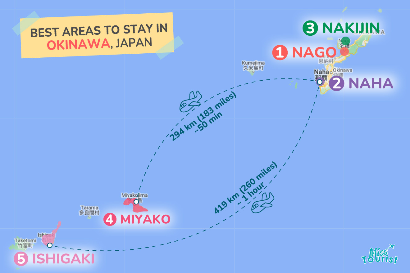 A colorful map highlighting the best areas to stay in Okinawa with numbered locations and labels for easy navigation