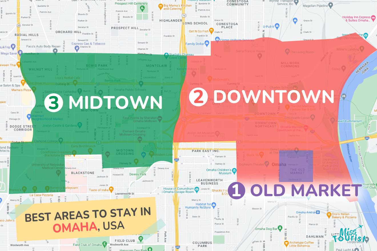 A colorful map highlighting the best areas to stay in Omaha, with numbered locations and labels for easy navigation