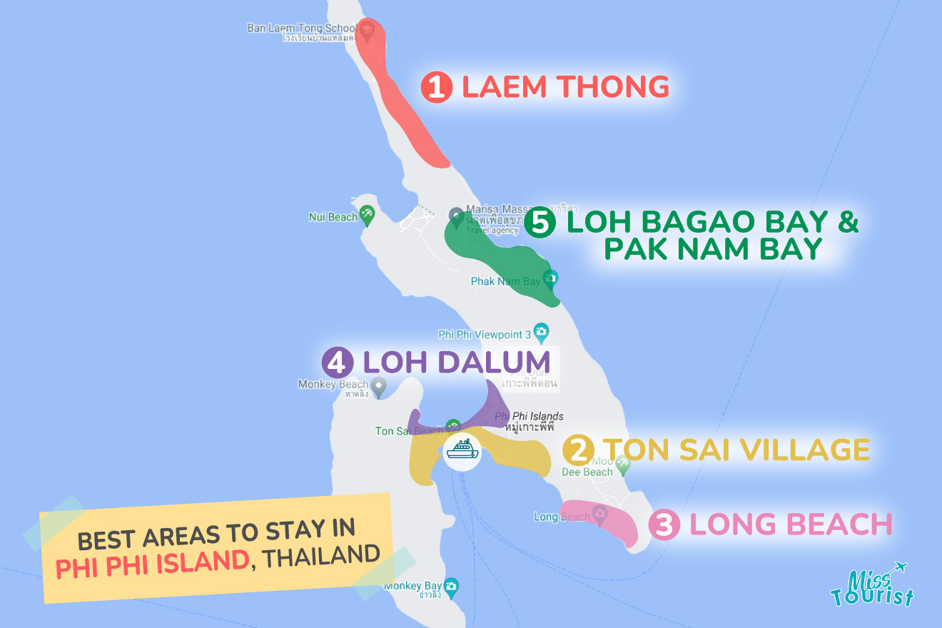 A colorful map highlighting the best areas to stay on Phi-Phi-Island with numbered locations and labels for easy navigations