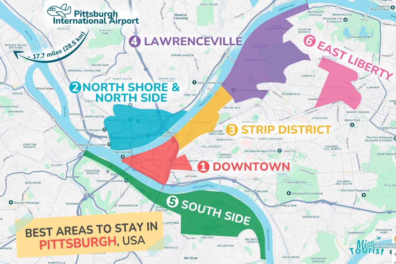 Map highlighting the best areas to stay in Pittsburgh, USA: Downtown, North Shore & North Side, Strip District, Lawrenceville, South Side, East Liberty.