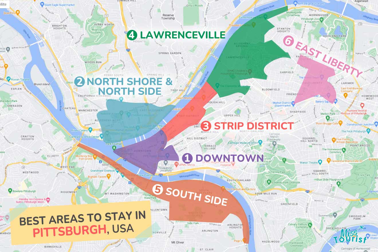 A colorful map highlighting the best areas to stay in Pittsburgh with numbered locations and labels for easy navigations