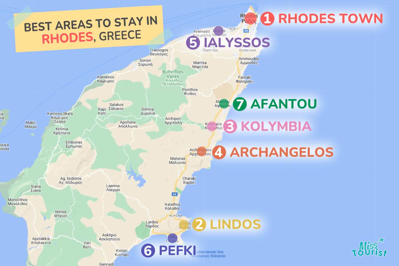 A colorful map highlighting the best areas to stay in Rhodes, with numbered locations and labels for easy navigation