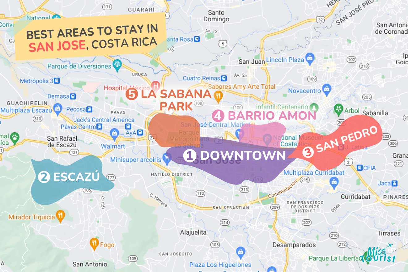 A colorful map highlighting the best areas to stay in San-Jose-Costa-Rica, with numbered locations and labels for easy navigation