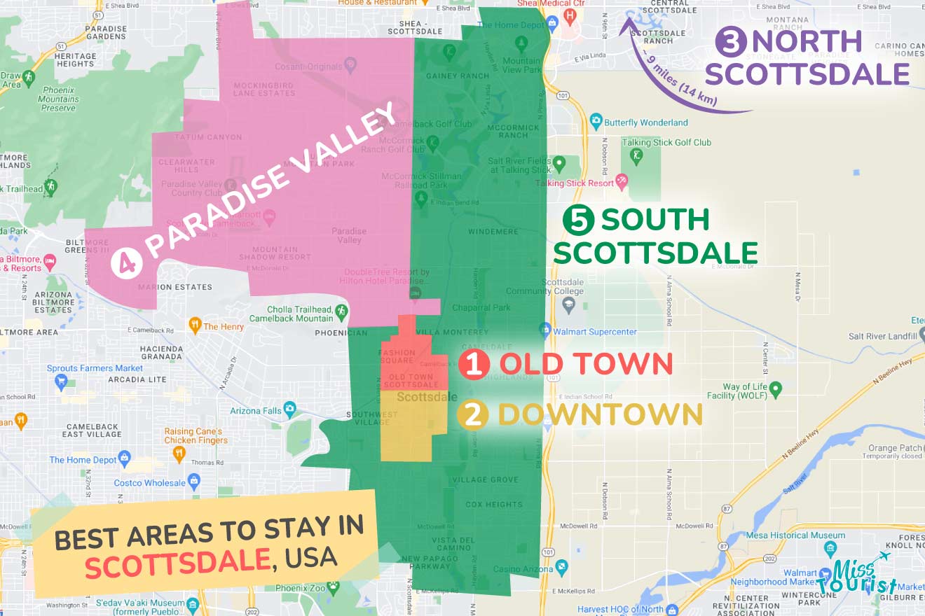 A colorful map highlighting the best areas to stay in Scottsdale, with numbered locations and labels for easy navigation