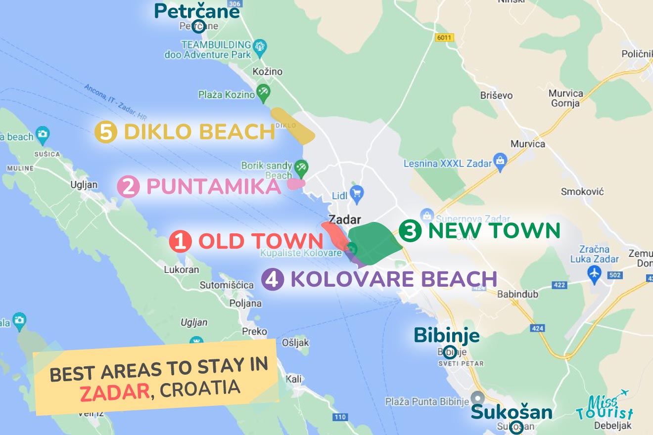 A colorful map highlighting the best areas to stay in Zadar with numbered locations and labels for easy navigation
