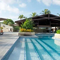 Outdoor swimming pool area with a wooden deck, lounge chairs, palm trees, and a covered seating area in the background against a blue sky.