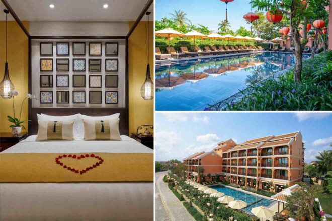 Collage of 3 pics of luxury hotel in Old Town Hoi An: a bed adorned with a towel heart, an outdoor pool area with lounge chairs, and the hotel's exterior view with a pool and umbrellas.