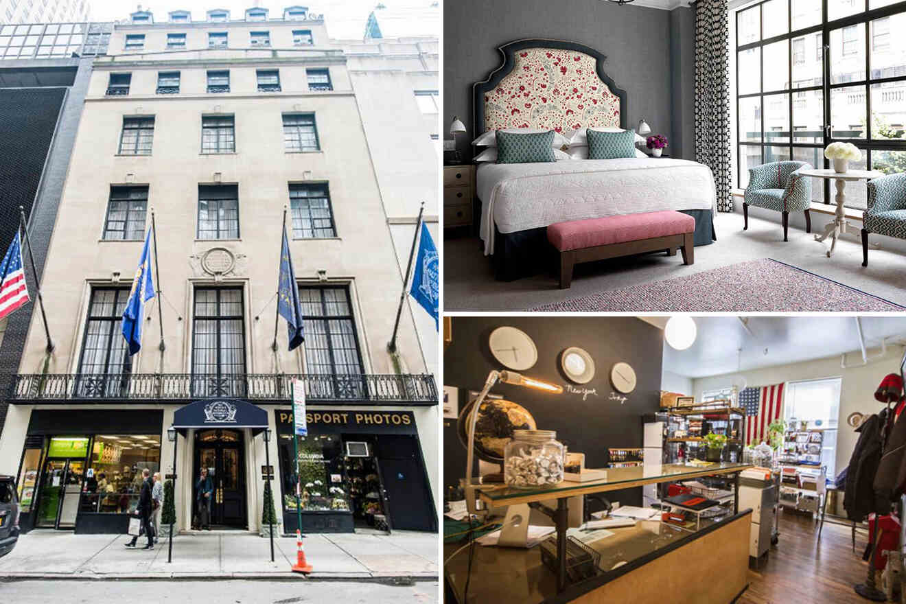 Collage of 3 pics of hotels in Midtown: a front view of a multistory building with flags, a hotel room with a bed and seating area, and an interior of a store with various items on display.