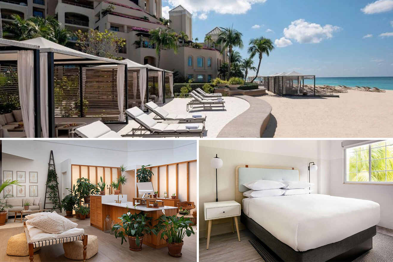 Collage of 3 pics of luxury hotels in -Grand-Cayman: beachfront hotel with shaded lounge areas, a cozy living room with plants and wooden furniture, and a bedroom featuring a neatly made bed and nightstands.
