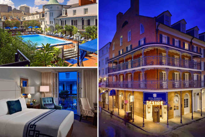 Collage of 3 pics of luxury hotel: a hotel pool with lounge chairs and an umbrella, a cozy bedroom interior, and an exterior of the Royal Sonesta hotel at night.