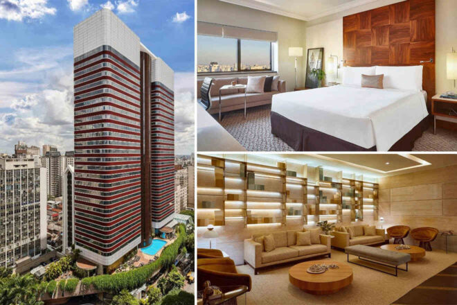 Collage of 3 pics of luxury hotel: a tall, modern red and white building, a spacious hotel room with a large bed and city view, and a stylish lounge area with sofas and bookshelves.