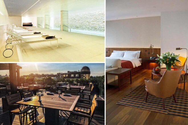 Collage of 3 pics of luxury hotel: an indoor spa with lounge chairs, a modern hotel room with a bed and sitting area, and an outdoor dining area with wooden tables and chairs overlooking a cityscape.