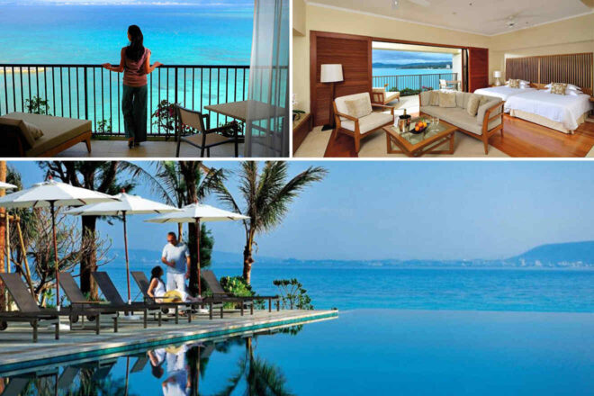 Collage of 3 pics for Luxury hotel in Naga: a person on a balcony overlooking the ocean, an ocean-view hotel room with two beds, and a poolside scene with a couple and palm trees near the sea.