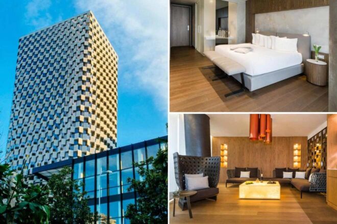A collage of three hotel photos: a tall modern building with a unique patterned facade against a blue sky, a spacious and sleek hotel room with a large bed and wooden flooring, and a chic lobby area with contemporary seating and warm lighting.