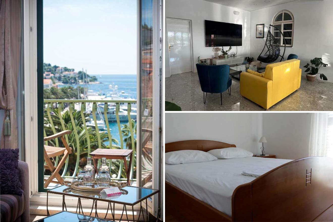 Collage of 3 pics of luxury hotels: a balcony view of a coastal town, a modern living room with yellow seating and a TV, and a bedroom with a double bed and wooden furniture.