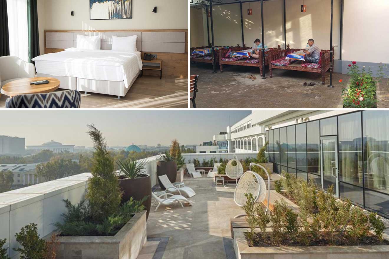 A collage of three images of hotel in Tashkent: a modern hotel room with a large bed, a lounge area with two people lying on cushioned benches, and a rooftop terrace with plants, lounge chairs, and hanging chairs.