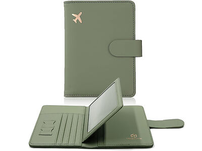 A green passport holder with a gold airplane icon on the front, shown closed and open, revealing slots for cards and a compartment for the passport.