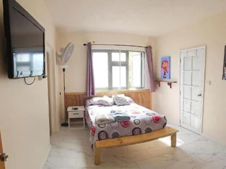 A small bedroom with a double bed, a colorful bedspread, a wall-mounted TV, a window with curtains, a standing fan, a painting on the wall, and a glass-pane door.