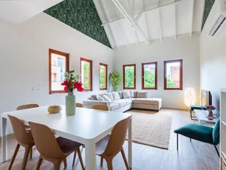 A modern living room with a high ceiling, white walls, green accent wall, sofa, TV, dining table with chairs, and large windows letting in natural light.