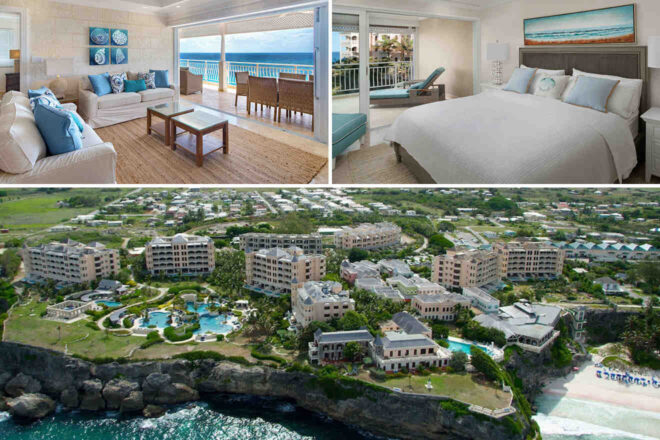 Collage of 3 pics of luxury hotel: A luxurious coastal resort with spacious, modern rooms featuring ocean views. The resort complex has multiple buildings, pools, and lush landscaping situated on a cliff overlooking the sea.