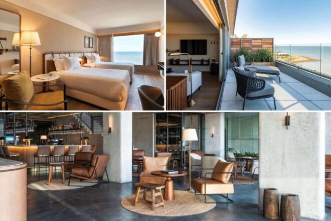 A collage of three hotel photos: a comfortable twin room with ocean views and modern decor, an expansive terrace with seating and stunning water views, and a chic bar area with stylish furnishings and warm lighting.