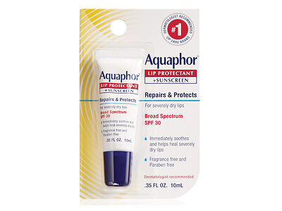 A packaged tube of Aquaphor Lip Protectant + Sunscreen Broad Spectrum SPF 30. The packaging highlights that the product repairs and protects, is recommended by dermatologists, and is fragrance-free and paraben-free.