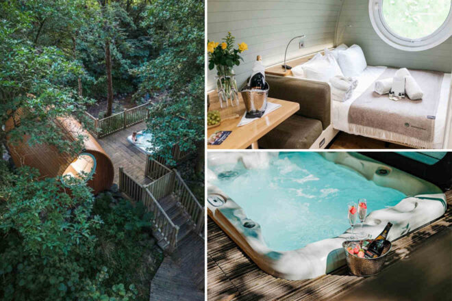 Collage of 3 pics of luxury stay in Algarve: a forest cabin with outdoor hot tub, a cozy interior bedroom with a round window, and a close-up of a hot tub with champagne and glasses.